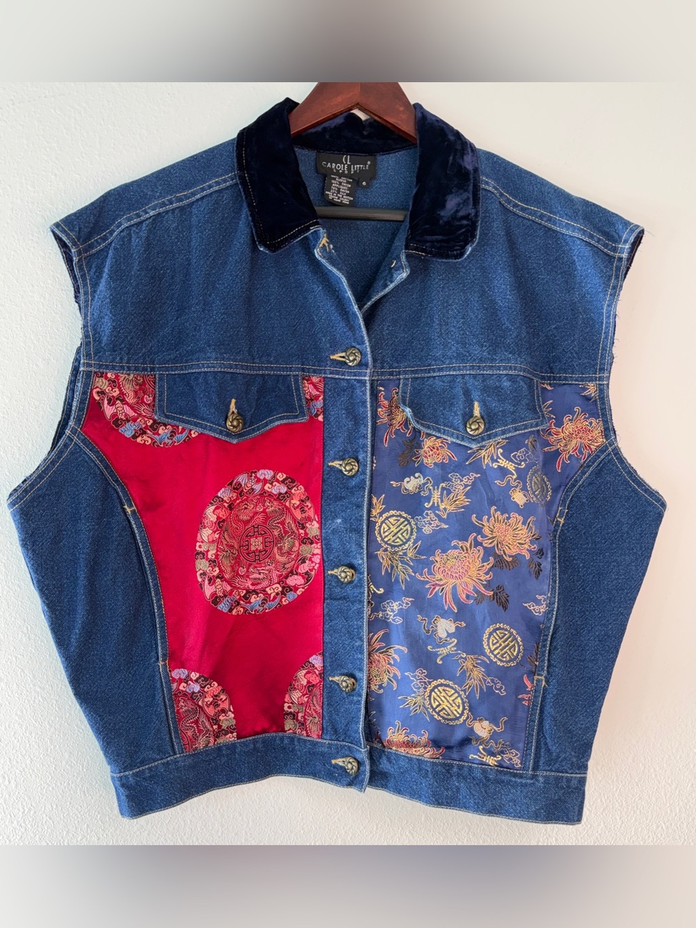 Vintage 90s Carole Little Sport Denim Vest Silk Patchwork Blue Red Asian Boho